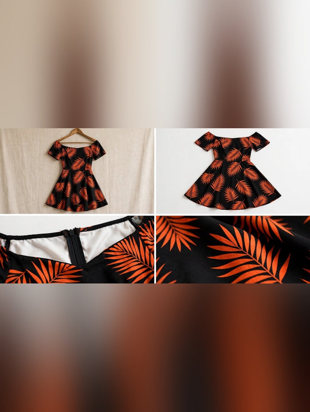 Zara Black Orange Palm Leaf Off Shoulder Skater Dress Size Medium